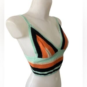 Zara Crochet Knit Cropped Multicolor Striped Triangle Halter Tank Top S